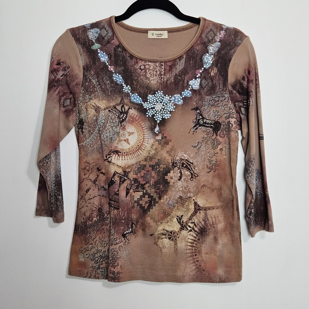Cactus Blouse Shirt Womens Sz‎ M Western Horse Cotton Embellished 3/4 Sleeve USA